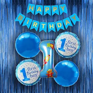 1st Birthday Baby Boy Decoration Kit Blue 1 Number with Round Shape Foil Balloon Curtain and Happy Birthday Banner (Pack of 8)