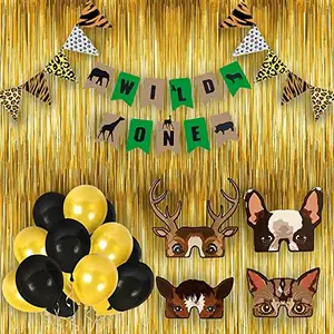 Jungle Theme Decoration Set with Banner Triangle Bunting Curtain Eye Mask and Latex Balloon for Kinds Birthday Party Decoration