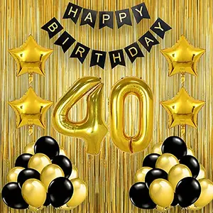 Black Gold 40th Birthday Party Decorations with Birthday Banner Star Latex Balloons Curtains and 40 Digit No. Set of 39 Supplies