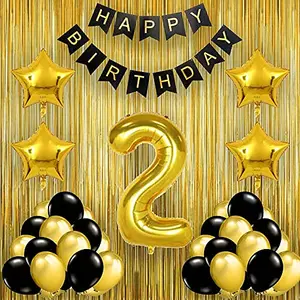 Black Gold 2nd Birthday Party Decorations with Birthday Banner Star Latex Balloons Curtains and 2 Digit No. Set of 39 Supplies (2ndBirthday Party Decoration Gold)