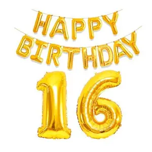 16th Happy Birthday Aluminum Foil Letters Balloons for Party Supplies and Birthday Decorations (Gold)