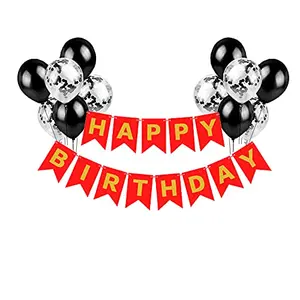 Pack of 11 Pcs Red Happy Bithray Banner with Black Confetti Balloons for Birthday Decoration Items & Latex Balloon