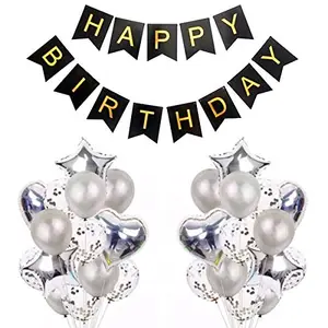 Happy Birthday Banner with Star Heart Confetti and Latex Balloon for Home Decoration