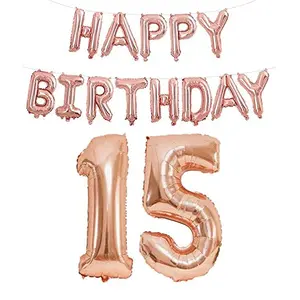 15th Happy Birthday Aluminum Foil Letters Balloons for Party Supplies and Birthday Decorations (Rose Gold)
