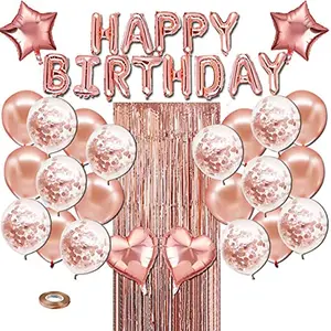 Rose Gold Happy Birthday Letter Balloons Banner Set with Curtain Pack of 27 for Including Latex StarHeart and Confetti Balloons