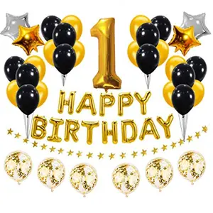 Golden and Black 1st Birthday Party Decorations Set- Gold Happy Birthday BannerFoil Number Balloons Latex Balloons and More for 1st Years Old Birthday Party Supplies