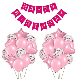 Happy Birthday Banner Bunting Flag with Pink Star Heart Confetti and Latex Balloon Set of 23)