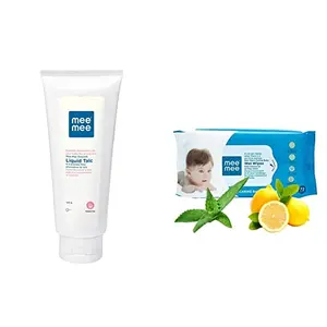 Mee Mee Liquid Baby Powder (150 g) & Mee Mee Baby Gentle Wet Wipes with Lemon extracts |72 pcs| Pack of 1