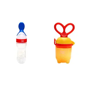 Mee Mee Squeezy Silicone Spoon Feeder with in-Built Stand (Red) & Mee Mee Advanced Fruit & Food Nutritional Feeder with Feed Pusher | BPA Free | Baby Grip Feeder to Push Food (Orange)