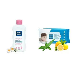 Mee Mee Baby Lotion With Fruit Extracts- 200 ml (Single Pack) & Mee Mee Baby Gentle Wet Wipes with Lemon extracts |72 pcs| Pack of 1