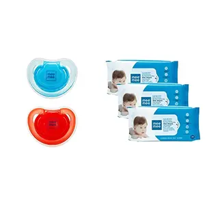 Mee Mee Soft Nipple Baby Pacifier (Green/Blue) Pack of 2 & Caring Baby Wet Wipes with Aloe Vera (72 pcs/Pack) (Pack of 3) Combo