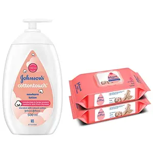 Johnson's CottonTouch Newborn Baby Lotion 500ml Made With Natural Cotton For Baby's Delicate Skin pH Balanced Hypoallergenic & Johnson's Baby Skincare Wipes with Lid 72s x 2 White L