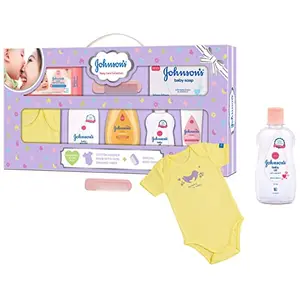 Johnson's Baby Care Collection with Organic Cotton Baby Romper (8 Gift Items Purple) & Johnson's Baby Skincare Wipes with Lid Pack of 2 72s x 2 (144 Wipes) White Large (Model: Baby Wipes)