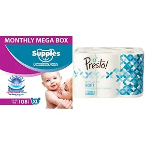 SUPPLES Diaper Pants - XL - Monthly MEGA Box - 108 Pieces - Presto! 3 Ply Toilet Paper/Tissue Roll - 12 Rolls (300 Sheets Per Roll)