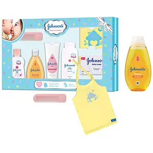 Johnson's Baby Care Collection with Organic Cotton Baby Tshirt (7 Gift Items Blue) & Johnson's Baby No More Tears Baby Shampoo 200ml