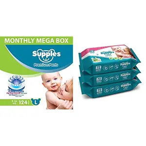 Supples Baby Diaper Pants Monthly Mega-Box Large 124 Count & Supples Baby Wet Wipes with Aloe Vera and Vitamin E - 72 Wipes/Pack (Pack of 3)