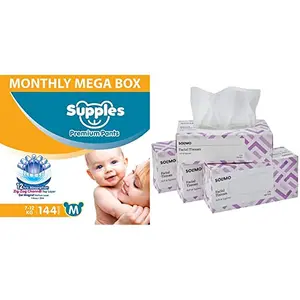 Supples Baby Diaper Pants Monthly Mega-Box Medium 144 Count - Solimo 2 Ply Facial Tissues Carton Box - 100 Pulls (Pack of 4)