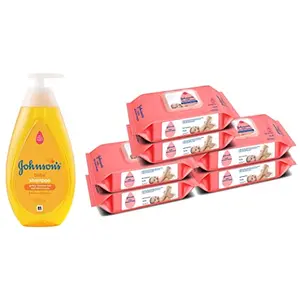 Johnson's Baby No More Tears Baby Shampoo 500ml & Johnson's Baby Skincare Wipes with Lid 72s Twin Pack (Buy 2 Get 1 Free) (432 Wet Wipes) White