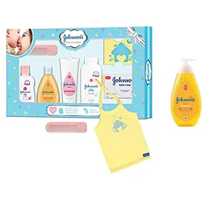 Johnson's Baby Care Collection with Organic Cotton Baby Tshirt (7 Gift Items Blue) & Johnson's Baby No More Tears Baby Shampoo 500ml