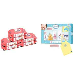 Johnson's Baby Skincare Wipes with Lid 72s Twin Pack (Buy 2 Get 1 Free) (432 Wet Wipes) White & Johnson's Baby Care Collection with Organic Cotton Baby Tshirt (7 Gift Items Blue)