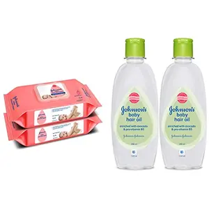 Johnson's Baby Skincare Wipes with Lid Pack of 2 72s x 2 (144 Wipes) White Large (Model: Baby Wipes) & Johnson's Baby Hair Oil 200ml (Pack of 2)
