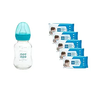 Mee Mee 120ml Premium Glass Feeding Bottle (Blue) and Mee Mee Baby Gentle Wet Wipes ((72 PcsPack of 05) Aloe Vera Wet Wipes)