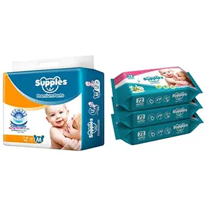 Supples Baby Pants Diapers Medium 72 Count with Wet Wipes (Pack of 3)