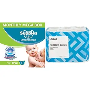 SUPPLES Diaper Pants - L - Monthly MEGA Box - 124 Pieces - Solimo 3 Ply Bathroom Tissue Toilet Paper Roll - 12 Rolls (160 Sheets Per Roll)