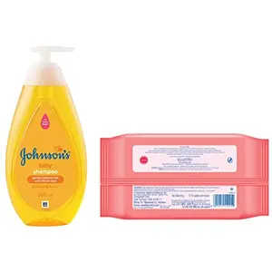 Johnson's Baby Skincare Wipes with Lid 72s Twin Pack (Pack of 2) (288 Wet Wipes) & Johnson's Baby No More Tears Baby Shampoo 500ml