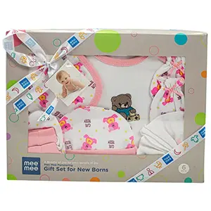 Mee Mee Soft Cotton New Born Baby Gift Set for Baby Boys Baby Girls | Baby Clothes Gift Set (Set of 6 Pieces Pink)