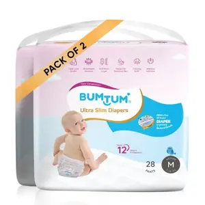 Bumtum Ultra Slim Medium Baby Diaper Pants 56 Count For Sensitive Skin 12 Hrs ProtectionCottony Soft Anti-Rash Layer Wetness Indicator (Pack of 2)
