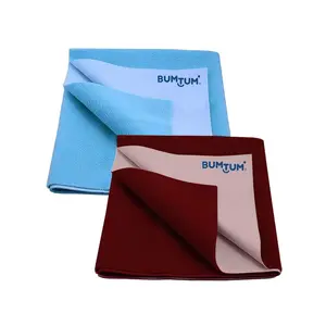 Bumtum Baby Dry Sheet Waterproof Soft Fleece Baby Bed Protector | Anti - Bacterial & Odour Free | Extra Absorbant Reuseable & Washable (Aqua Blue + Maroon Combo Small Size 50 * 70cm Pack of 2)