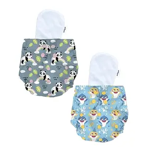Bumtum 0 to 3 Yrs Baby Freesize Ultrahygiene Waterproof Baby Shark & Panda Extra Soft Cloth Diaper 5hrs Absorbency | Washable & Reusable Diaper and Cotton Soaker(Pack of 2)