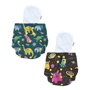 Bumtum 0 to 3 Yrs Baby Freesize Ultrahygiene Waterproof Dinasours & Wonderland Extra Soft Cloth Diaper 5hrs Absorbency | Washable & Reusable Diaper and Cotton Soaker(Pack of 2)