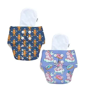 Bumtum 0 to 3 Yrs Baby Freesize Ultrahygiene Waterproof Teddy & Unicorn Extra Soft Cloth Diaper 5hrs Absorbency | Washable & Reusable Diaper and Cotton Soaker(Pack of 2)