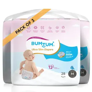 Bumtum Ultra Slim Medium Baby Diaper Pants 84 Count For Sensitive Skin 12 Hrs ProtectionCottony Soft Anti-Rash Layer Wetness Indicator (Pack of 3)