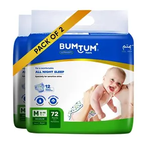 Bumtum Baby Diaper Pants Medium Size Double Layer Leakage Protection Infused With Aloe Vera Cottony Soft High Absorb Technology (Pack of 2 72 Pcs. per pack)