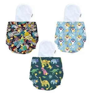 Bumtum 0 to 3 Yrs Baby Freesize Extra Soft Cloth Diaper with Insert Washable & Reusable Diaper and Cotton Soaker Dinasours + Wonderland + Baby Shark (Pack of 3)