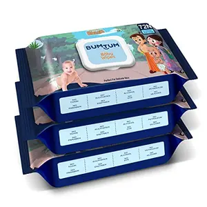 Bumtum Baby Chota Bheem Gentle Soft Moisturizing Wet Wipes With Lid | 20 X 14Cm Aloe Vera & Chamomile Extracts | Paraben & Sulfate Free (Pack of 3 72 Pcs. Per Pack)