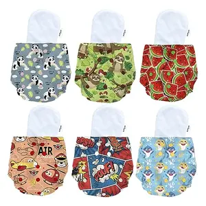 Bumtum 0 to 3 Yrs Baby Freesize Extra Soft Cloth Diaper with Insert Washable & Reusable Diaper and Cotton Soaker Baby Shark + Air + Panda + Poof + Sloth + Watermelon(Pack of 6)