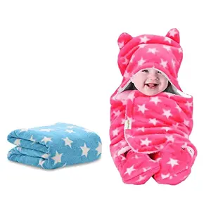 OYO BABY New Born Super Soft Baby Blanket Wrapper Blanket for Baby Boys Baby Girls Babies (Star Blue & Pink Fleece Lightweight) All Season | Sleeping Bag | Nursing Baby Gifts
