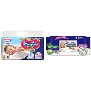 MamyPoko Tape Diapers New Born mini Pack of 30 & MamyPoko Extra clean wipes with Aloe vera - Pack of 120 wipes