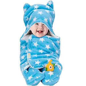 OYO BABY 3-in-1 Hooded Baby Blanket Wrapper(Star Blue 78cm x 68cm) Swaddle for New Born | All Season | 0-6 Months | Sleeping Bag | Great Gift | Multipurpose Comforter | Baby AC Blanket