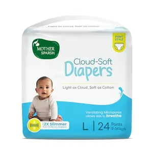Mother Sparsh Cloud-Soft Baby Diapers Large (L) Size 24 Count (9-14kg) | Rash-Free Premium Diaper Pants | 12hr Leak Lock Protection - 2X Slimmer Non-Bulky Pant Style Diaper
