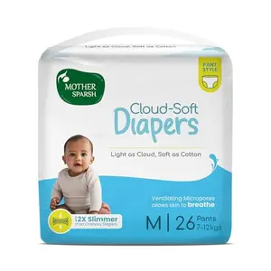 Mother Sparsh Cloud-Soft Baby Diapers Medium (M) Size 26 Count (7-12kg) | Rash-Free Premium Diaper Pants | 12hr Leak Lock Protection - 2X Slimmer Non-Bulky Pant Style Diaper