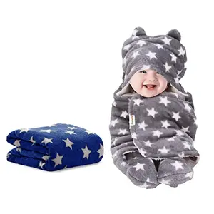 OYO BABY New Born Super Soft Baby Blanket Wrapper Blanket for Baby Boys Baby Girls Babies (Star Dark Blue & Grey Fleece Lightweight) All Season | Sleeping Bag | Nursing Baby Gifts