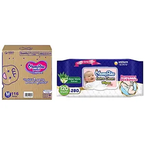 MamyPoko Pants Extra Absorb M116 & MamyPoko Extra clean wipes with Aloe vera - 120 wipes