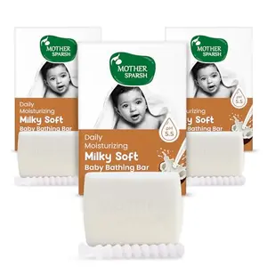 Mother Sparsh Moisturizing Milky Baby Bathing Soap Bar pH 5.5 with Milk Coconut Oil and Vitamin E Prevents Dryness & Rashes - 75g Pack of 3