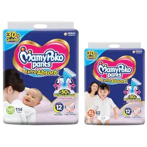 MamyPoko Pants for Babies Extra Absorb XL62 Size XL Pack of 62&MamyPoko Pants Extra Absorb NB114Unisex Baby Pack of 114