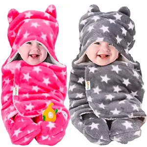 OYO BABY Baby Blankets New Born Babies | Pack of 2 Super Soft Baby Sleeping Bag for Baby Boys Baby Girls Babies (78cm x 68cm 0-6 Months Fleece Skin Friendly Stars Pink Grey)